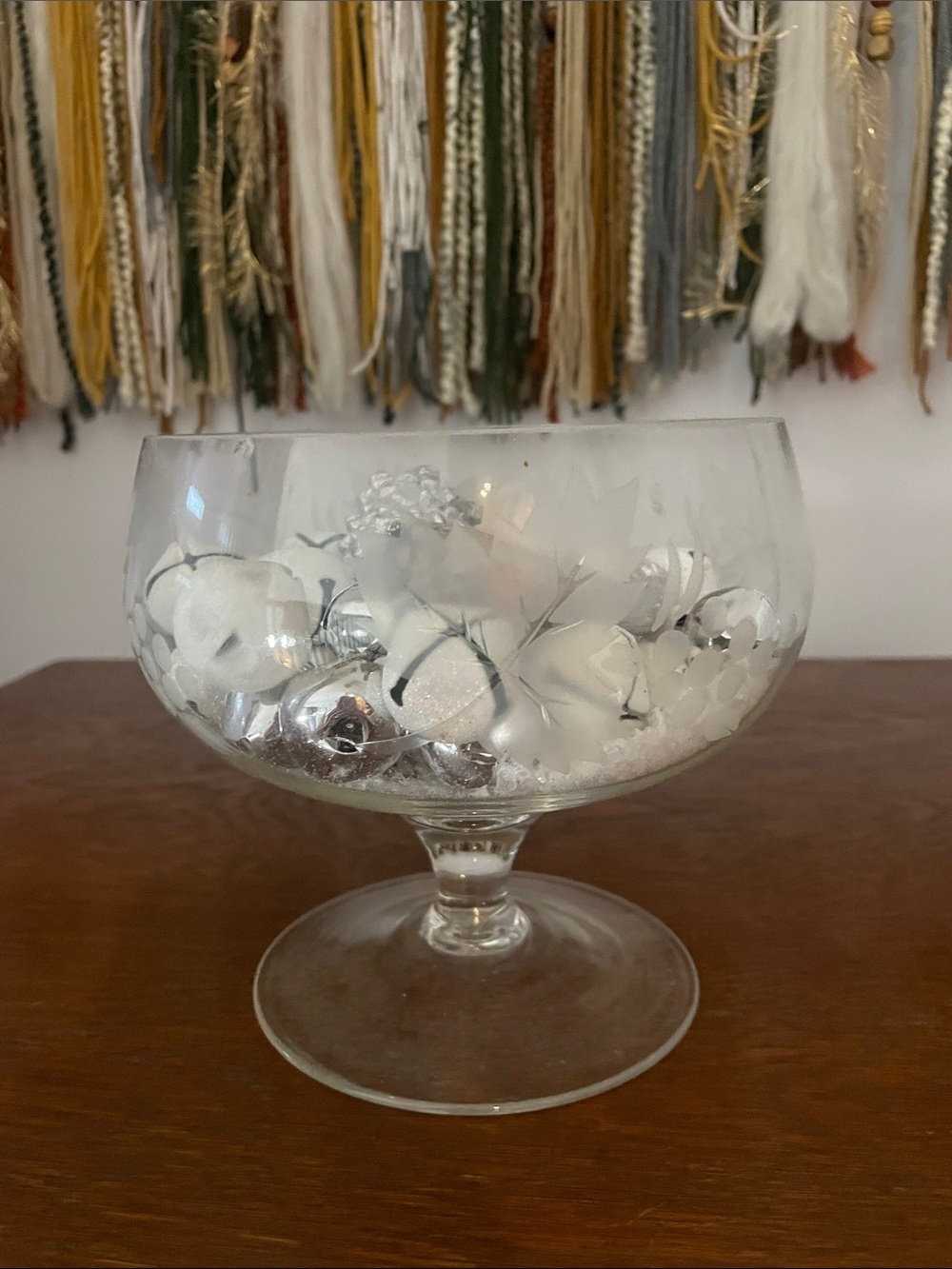 Etched Glass Compote with White fillers  Decor